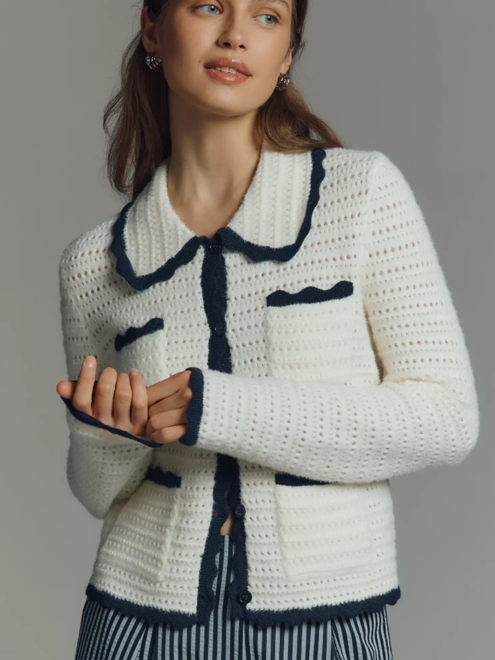 Anthropologie NVLT Crochet Knit Collared Jacket Cardigan Ivory & Navy XL nwt